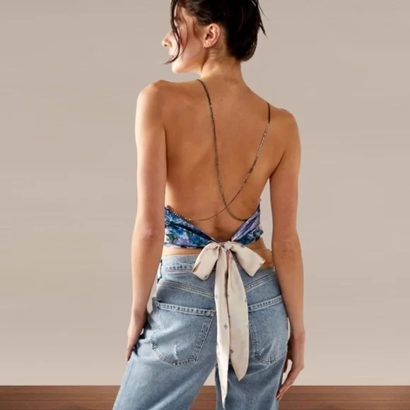 FREE PEOPLE For The Night Silver-Chain-Strap Open Back-Tie Satin Cami-Lg NWT - Picture 2 of 10